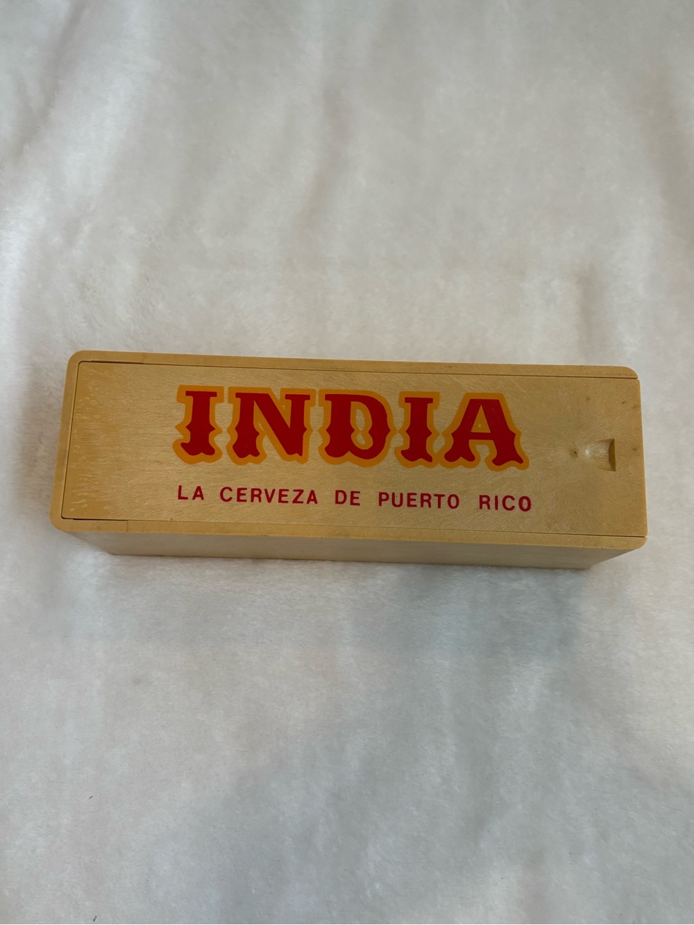 INDIA La Cerveza de Puerto Rico Wooden Sign - Tan and Red with spinner beads